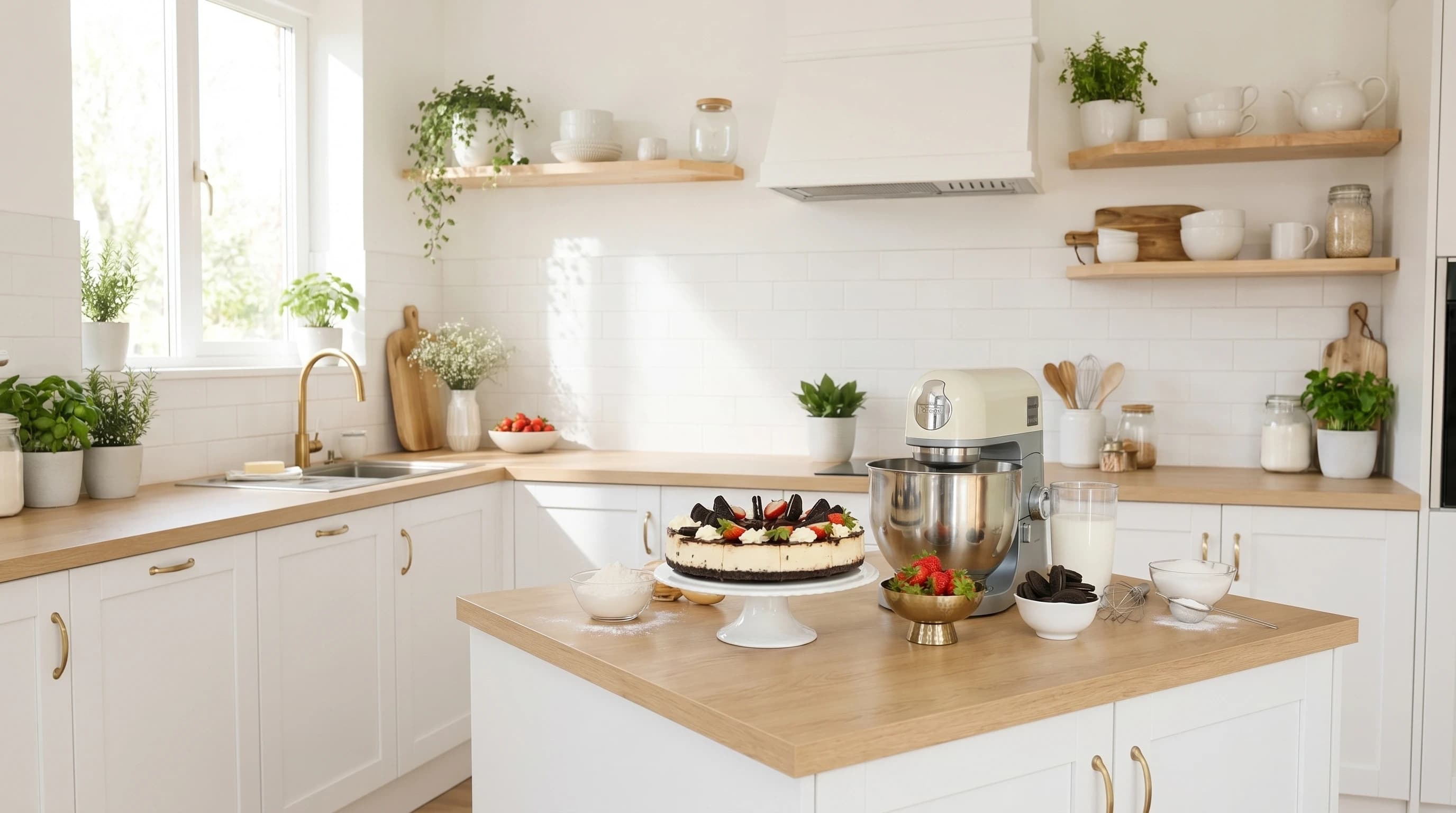 Chic Bite's bright Manchester kitchen — a freshly decorated cheesecake on the worktop
