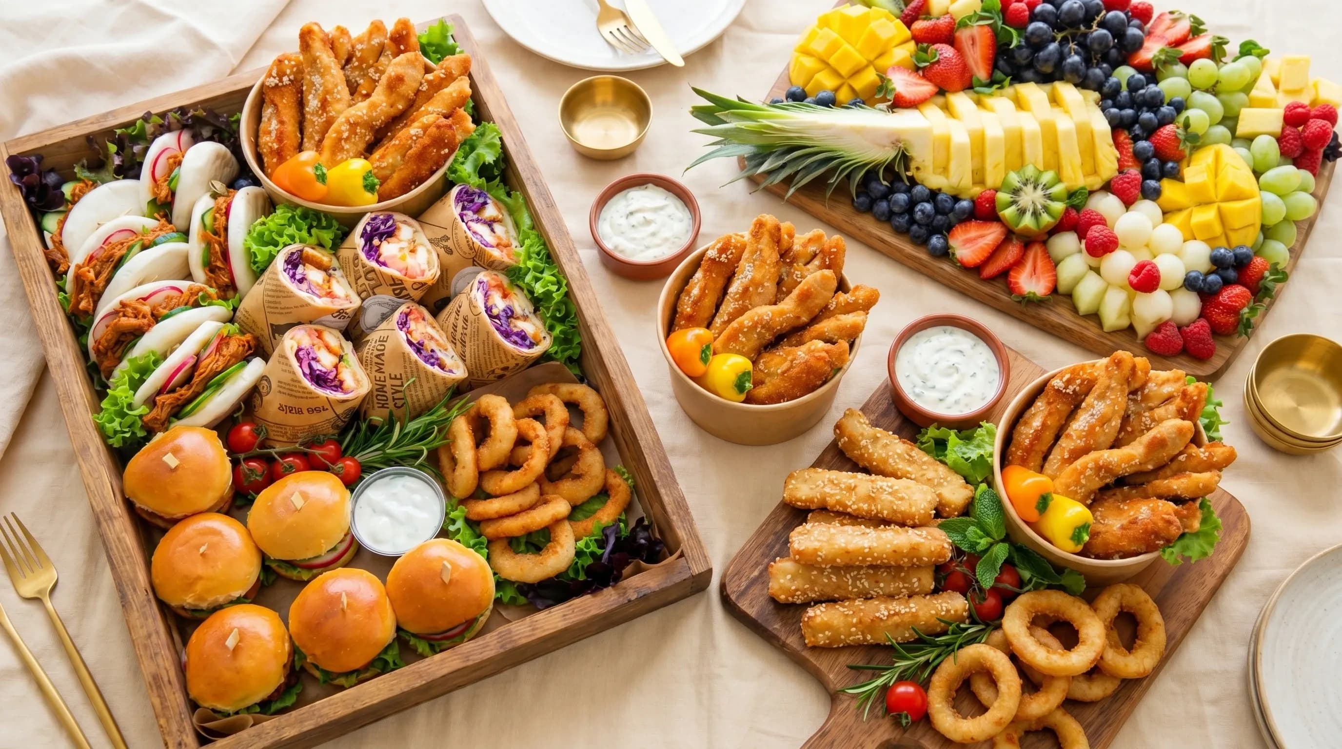 Halal and vegetarian catering spread by Chic Bite — bao buns, mini burgers, wraps, crispy strips and fresh fruit